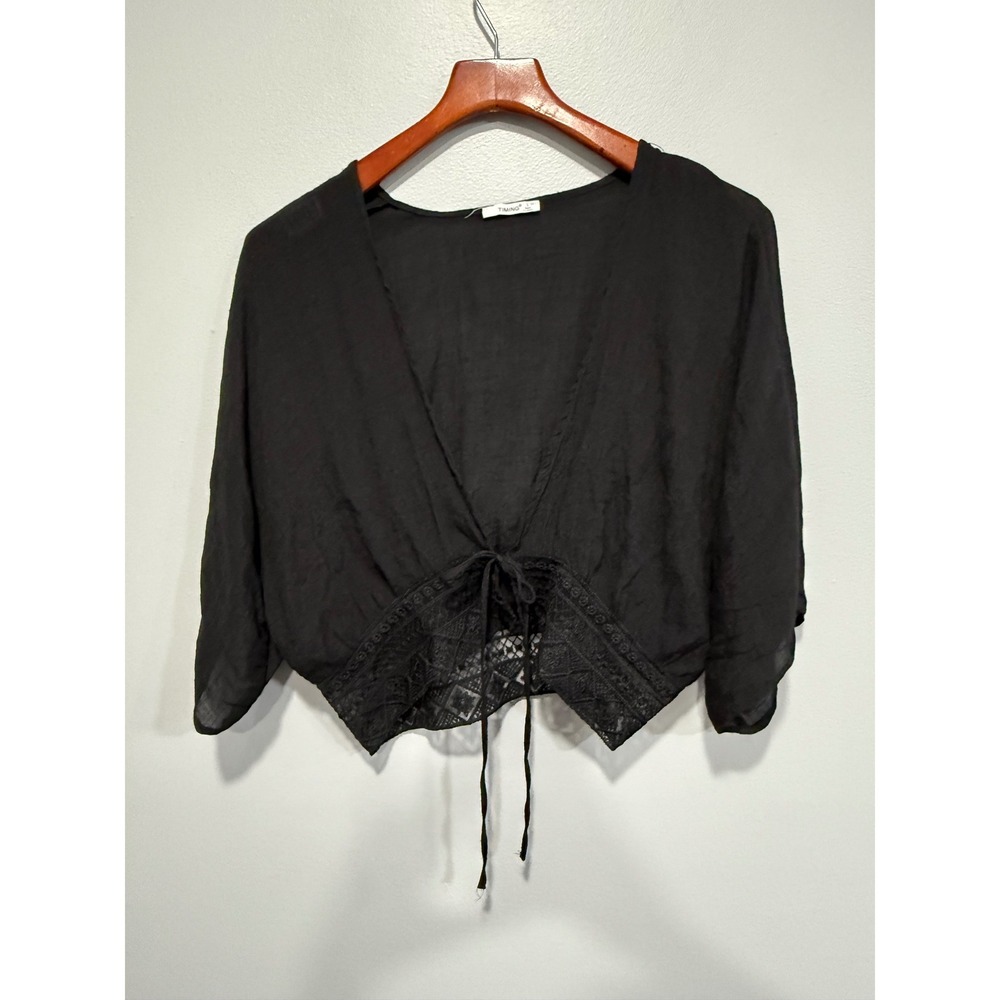 Timing Black Crochet Lace‎ Trim Tie Front Crop Top Boho Gauze festival large